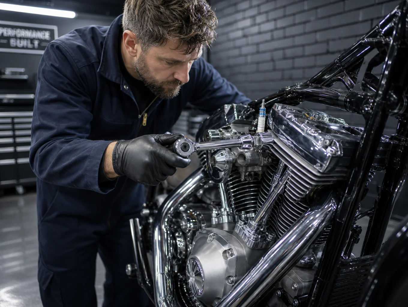 Professional motocross mechanic working on a high-performance dirt bike engine